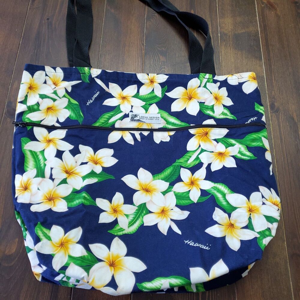 Local Design Hawaii Tote Bag Reversible Blue White Plumeria Purple Sea Turtles